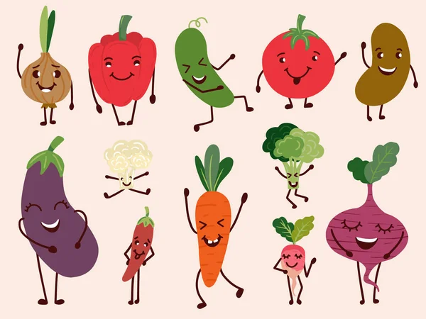 Alegres personajes vegetales. Conjunto de verduras felices y divertidas. Ilustración vectorial. Vector de stock