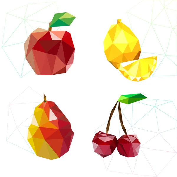 Ensemble de fruits de polygones. Pomme, citron, cerise et poire. Vecteur — Image vectorielle