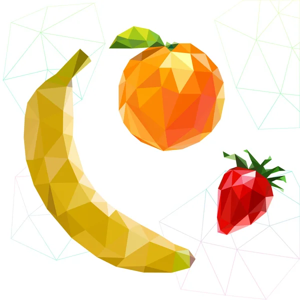 Juego de frutas de polígonos. Plátano, naranja, fresa. Vector — Vector de stock