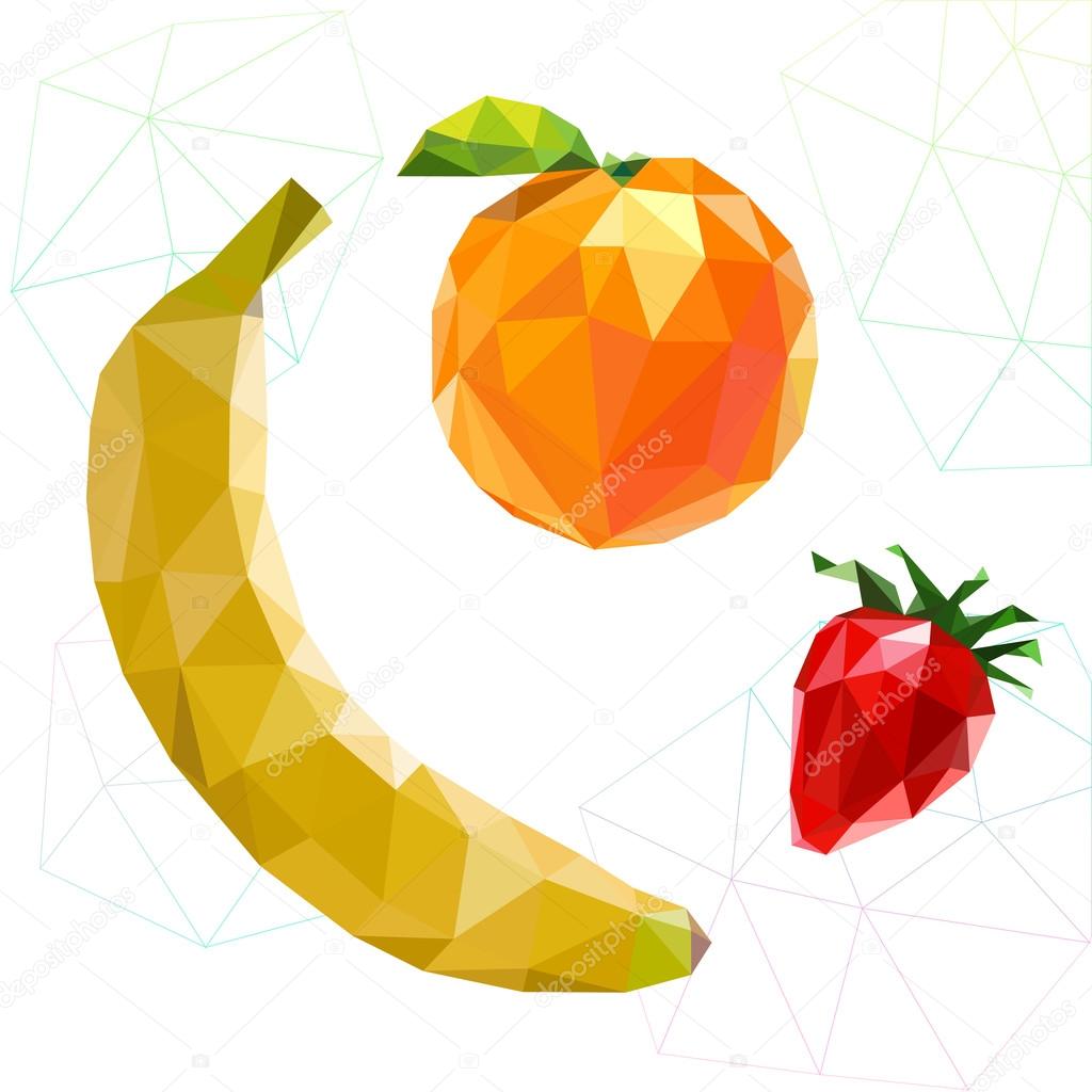 Fruit set of polygons . Banana, orange, strawberry. Vector