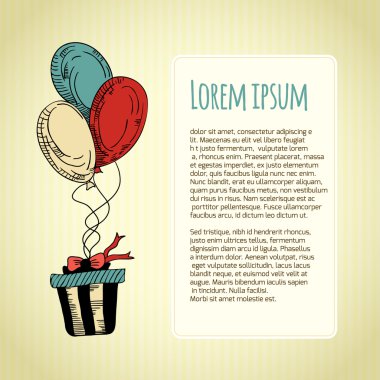 Bir balon, bir hediye ve bir metin kutusu tebrik kartı. Vektör 