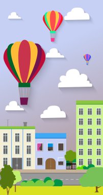 Şehir cadde ve hava balonları düz tasarımı. Vektör