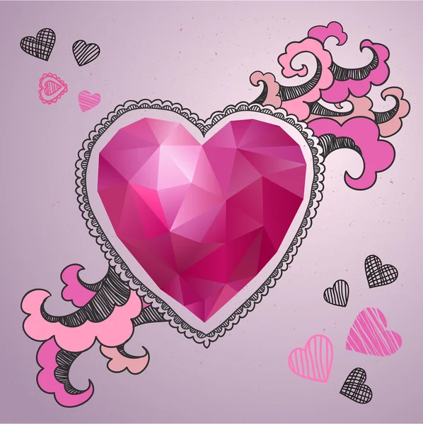 Feliz cartão do Dia dos Namorados. Coração poligonal com a decoração desenhada — Vetor de Stock