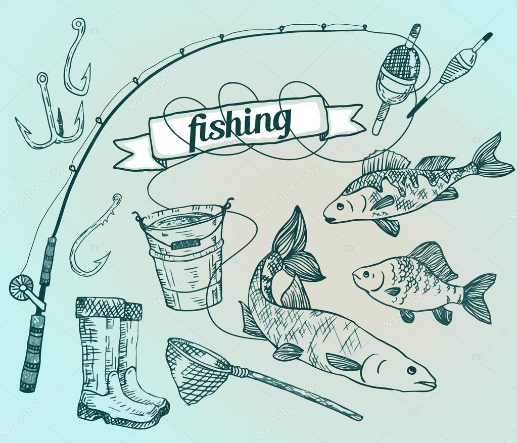 The drawn vector set: fishing. Rod, salmon, perch, bucket, fishi
