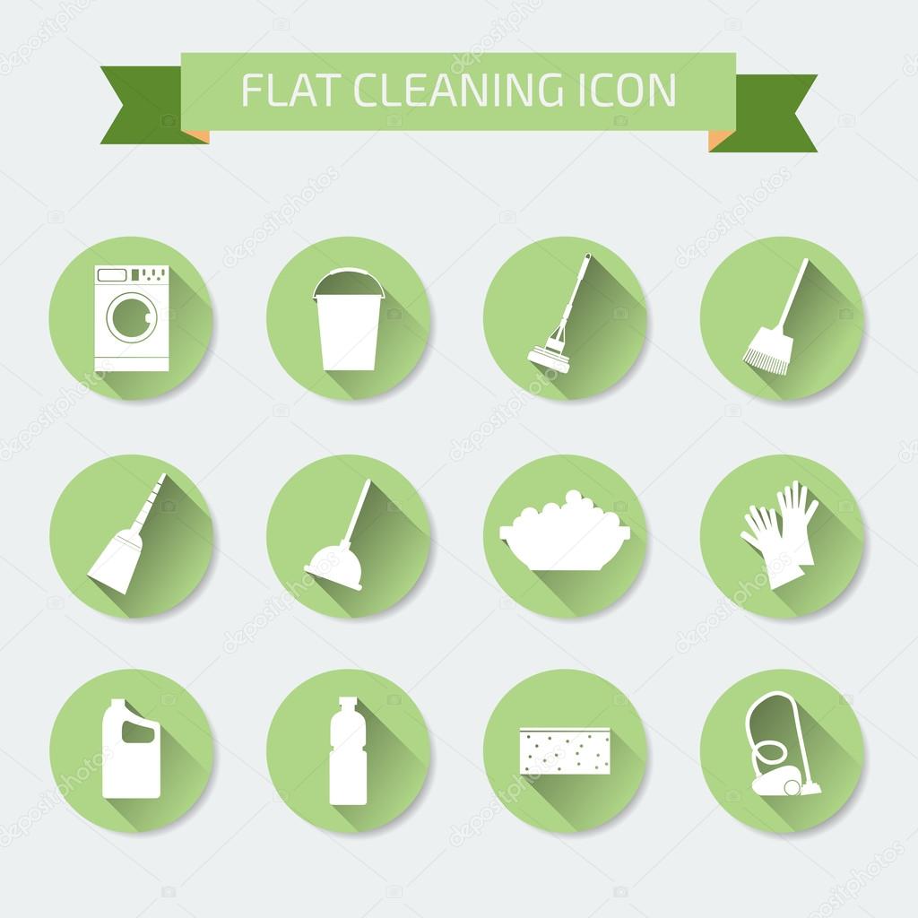 Flat vector color set of icons. House cleaning and laundry. Vect