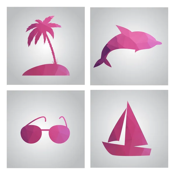 Aantal kaarten in veelhoekige stijl. Strand, eiland, palmboom, boot, — Stockvector