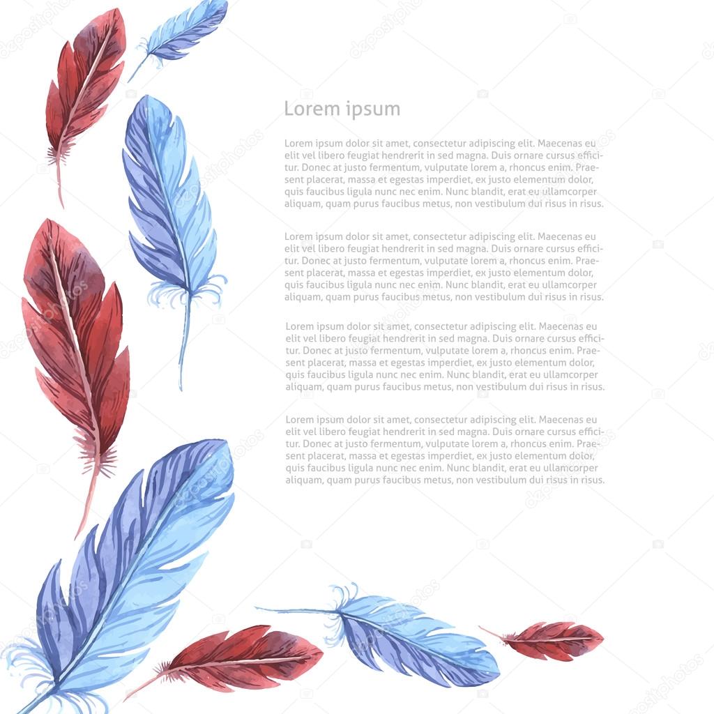 Card template. Watercolor feathers. Vector