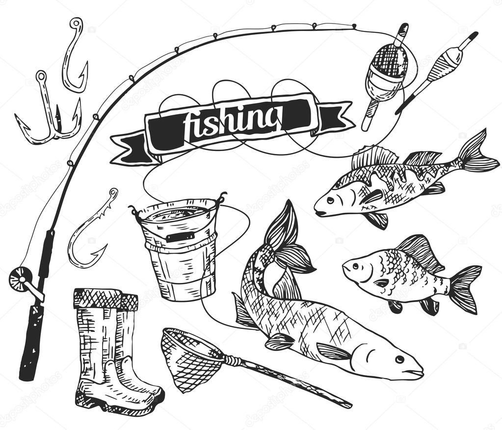 The drawn vector set: fishing. Rod, salmon, perch, bucket, fishing hooks,  net, float, gumboots. Vector Stock Vector by ©Katrinaku 70704807