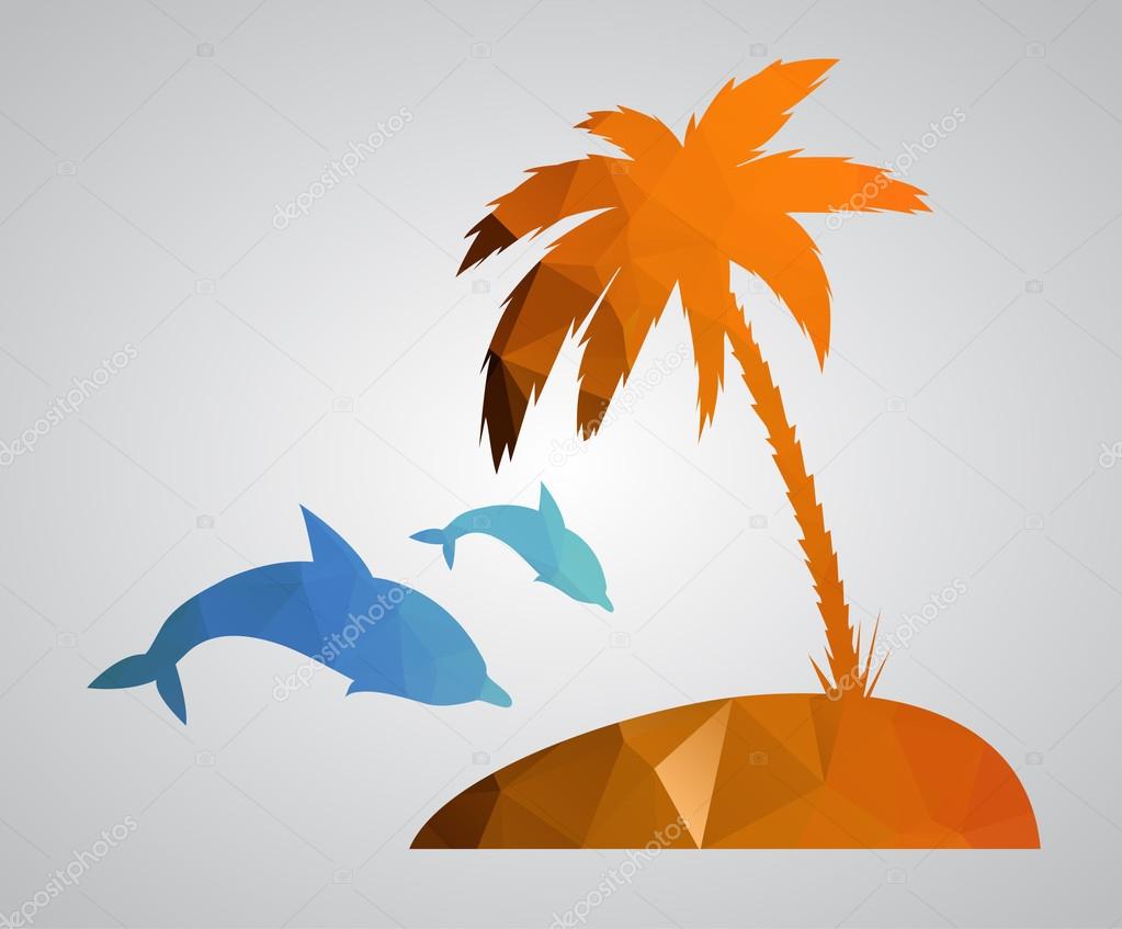 Card in polygonal style. Beach, palm tree, island, dolphins, sea. Vector
