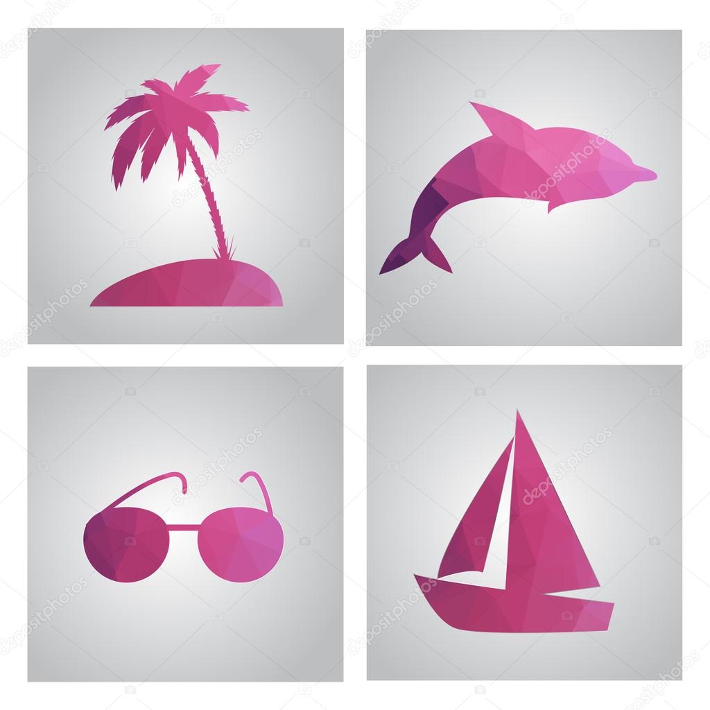 Set of cards in polygonal style. Beach, island, palm tree, boat,