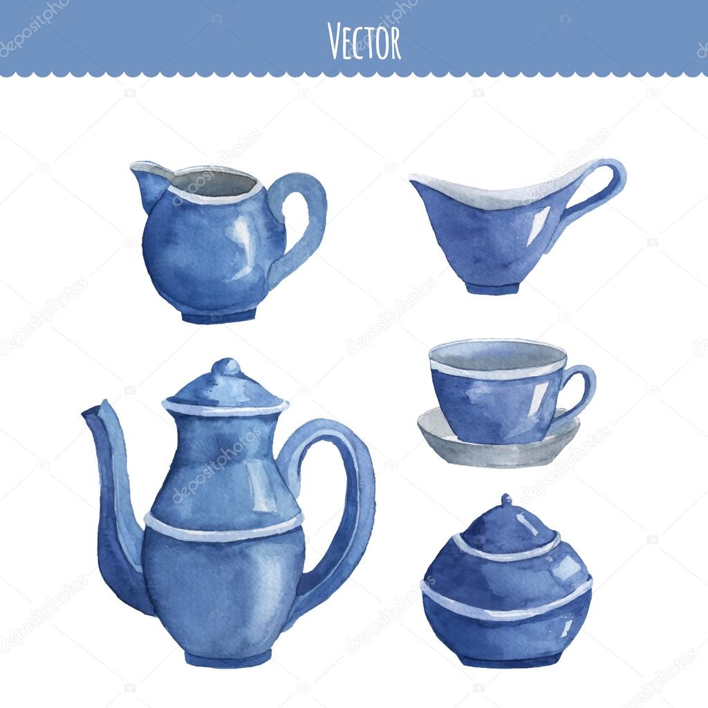 Set of watercolor ware. Teapot, cup, milk seller, sugar bowl. Ve