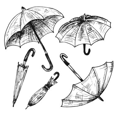 Drawing set of umbrellas. Umbrellas from a rain, female umbrella