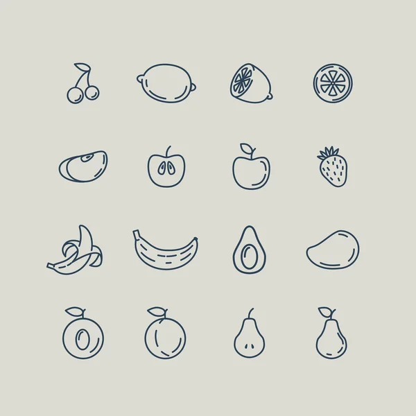 Establecer iconos de línea de fruta. Plátano, manzana, fresa, cereza, pera, a — Archivo Imágenes Vectoriales