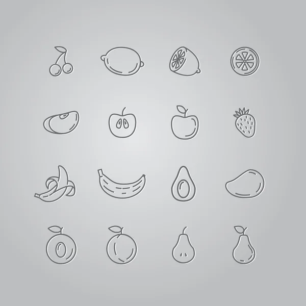 Definir ícones de linha de frutas. Banana, maçã, morango, cereja, pêra, a —  Vetores de Stock