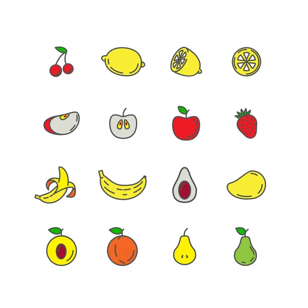 Definir ícones de linha de cor fruta. Banana, maçã, morango, cereja, p —  Vetores de Stock