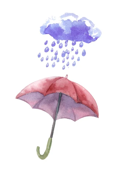 Ensemble aquarelle de parapluies, nuages, fortes pluies. Parapluies de — Image vectorielle