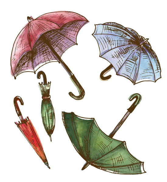 Disegno, serie acquerello di ombrelli. Ombrelli da pioggia, fem — Vettoriale Stock