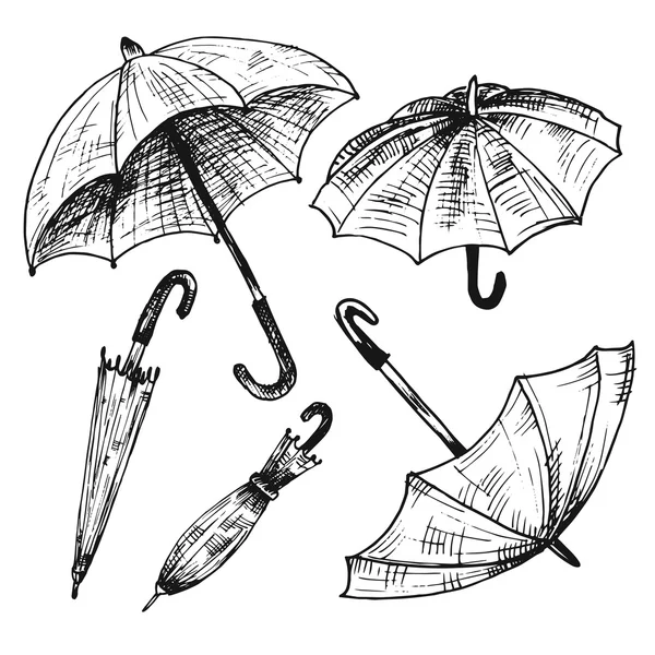 Jeu de dessin de parapluies. Parapluies sous la pluie, parasol féminin — Image vectorielle