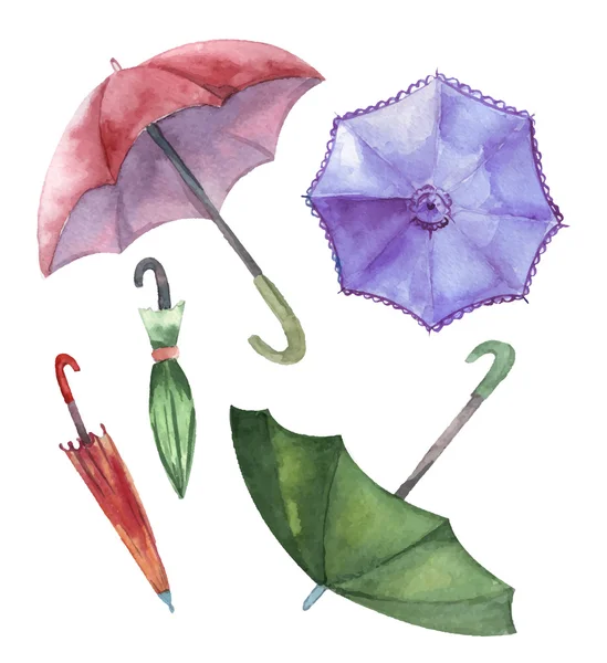 Conjunto aquarela de guarda-chuvas. Guarda-chuvas de uma chuva, umbre feminino — Vetor de Stock