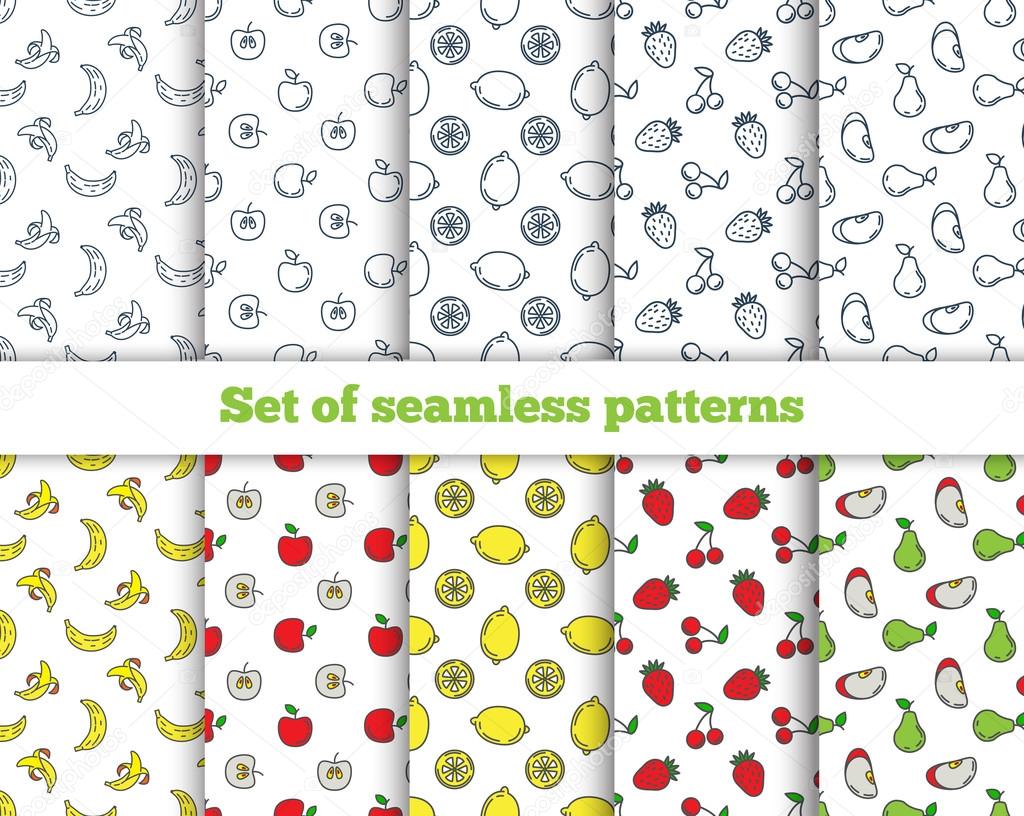 Set of seamless patterns line icons fruit. Banana, apple, strawb