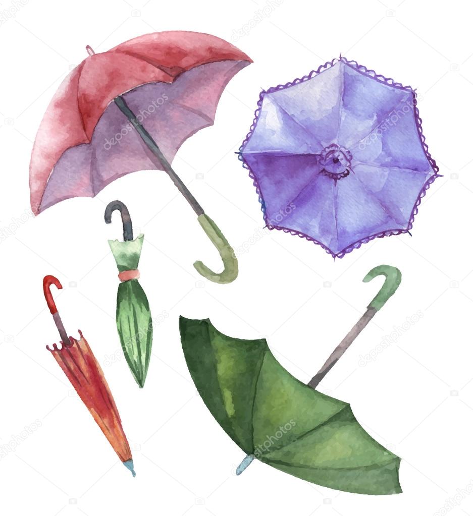 Watercolor set of umbrellas. Umbrellas from a rain, female umbre