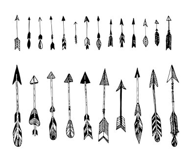 Set of hand drawn, vector arrows. Ethnic Indian arrow, doodles. Black, white. Vector clipart