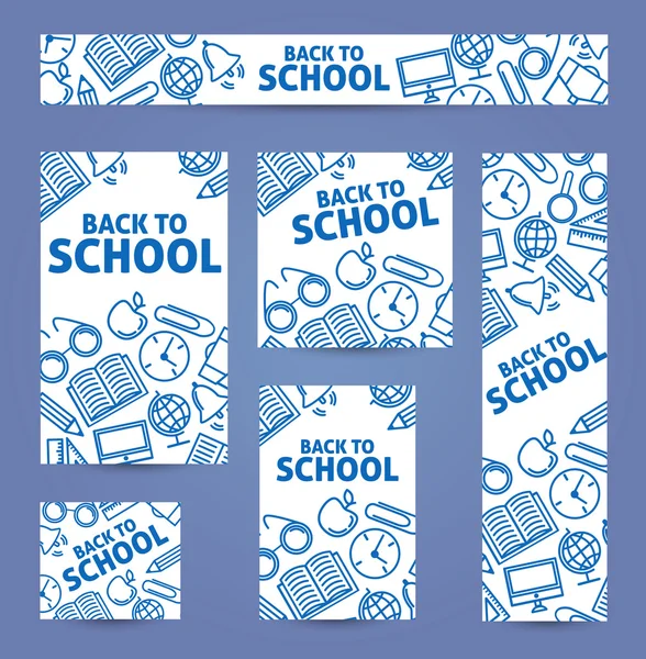 Set web van banners. Terug naar school. Blauwe pictogrammen op een witte backgr — Stockvector