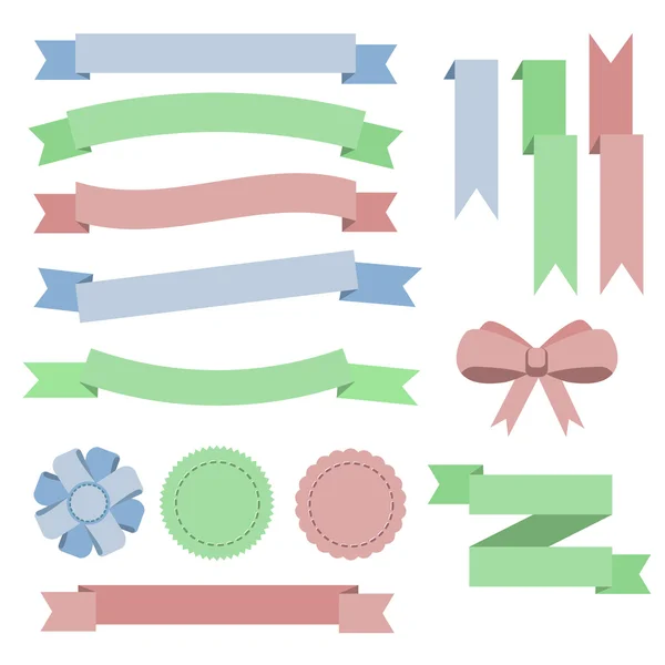 Fixez des rubans plats, des badges, des signets et un arc. Bleu, vert , — Image vectorielle