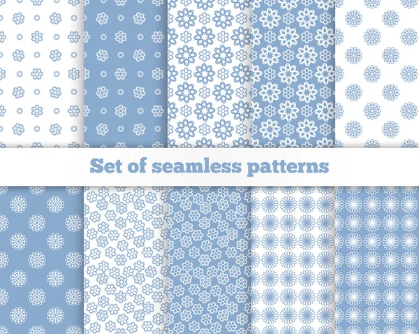 Set of seamless flower patterns. Blue, white, gray. Vector illus — Stock Vector