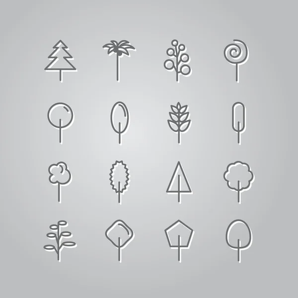 Set van lijn iconen. Bomen: palm tree, fir-boom, eik, pine. Vector — Stockvector