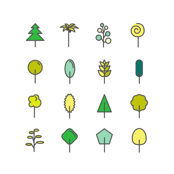 Set of color line icons. Trees: palm tree, fir-tree, oak, pine. — Stock Vector