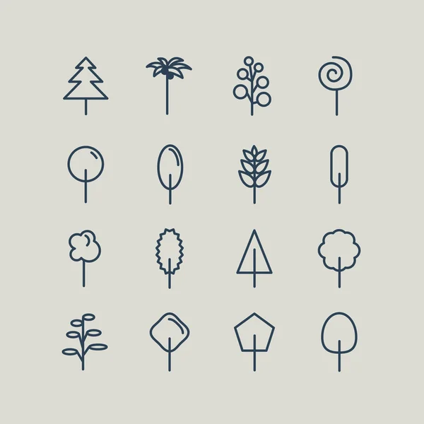 Zestaw ikon linii. Drzewa: Palma drzewa, -świerk, dąb, Sosna. Wektor — Wektor stockowy