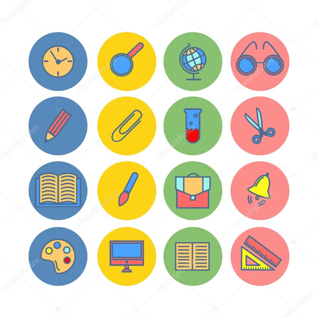 Color set of flat icons. Back to school. School supplies. Vector