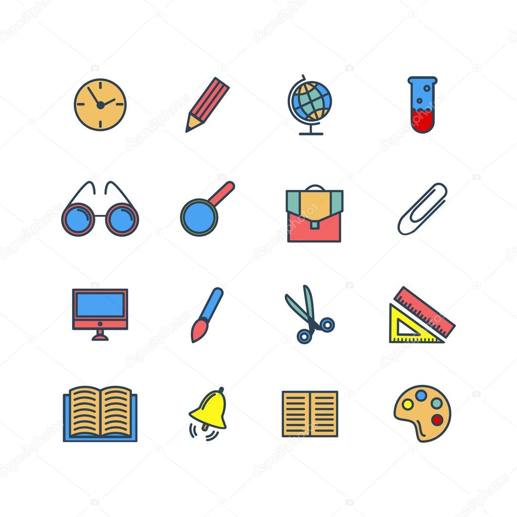 Color set of line icons. Back to school. School supplies. Vector