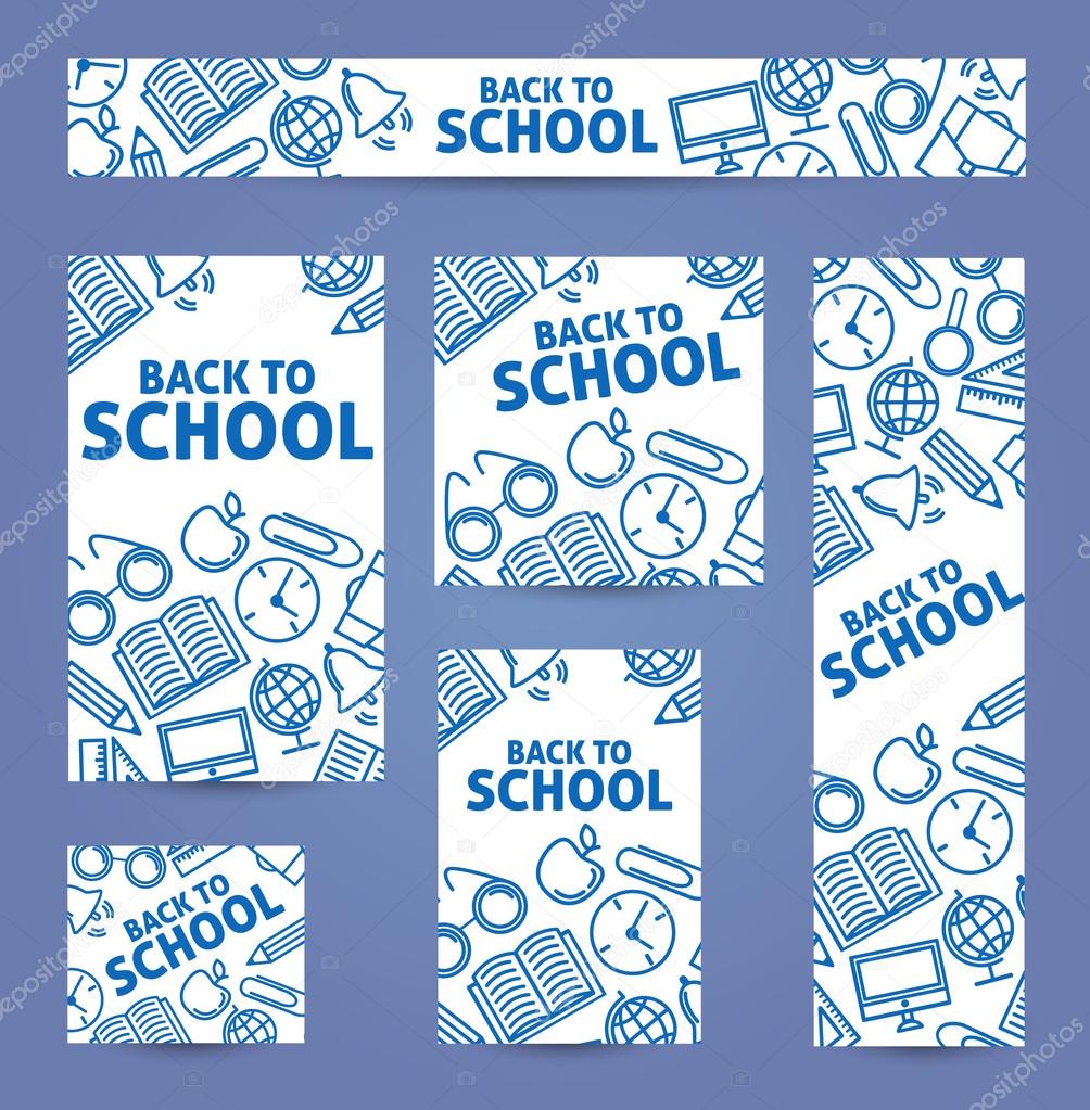 Set web of banners. Back to school. Blue icons on a white backgr