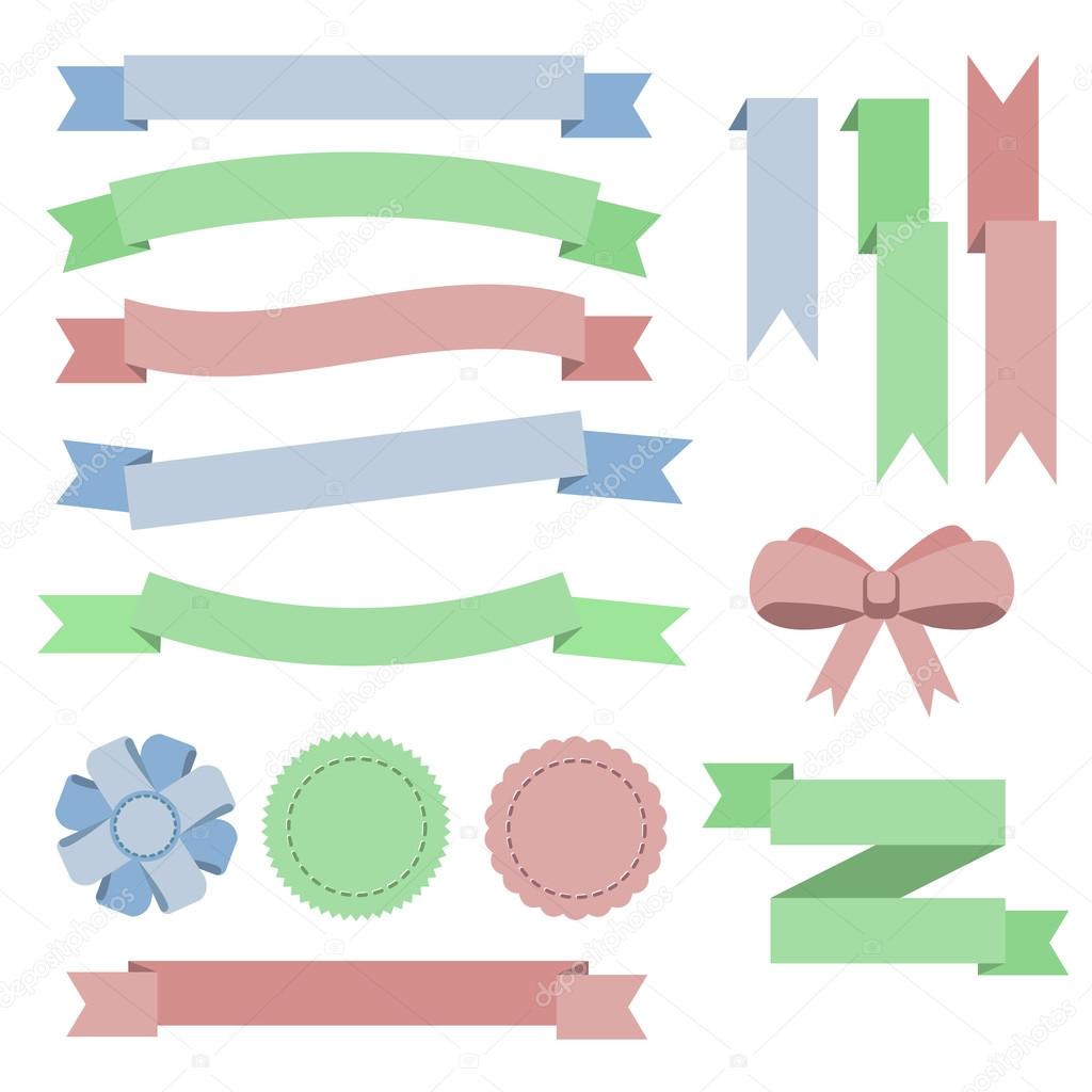 Set flat color ribbons, badges, bookmarks and bow. Blue, green, 