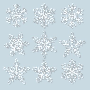 3D kar taneleri ayarlayın. Kış ve yılbaşı Tema için arka plan. Vektör çizim. 