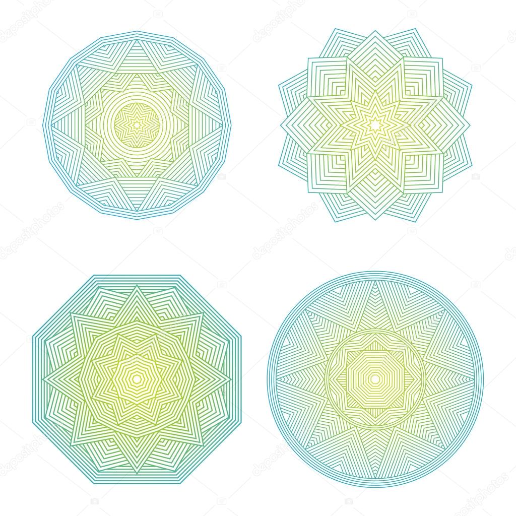 Color lineart geometric ornamental templates set. Vector symbols