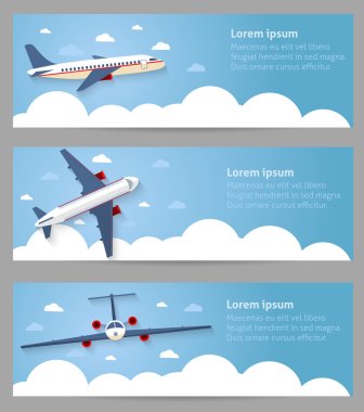 Set of web banners. Flight of the plane in the sky. Passenger pl clipart