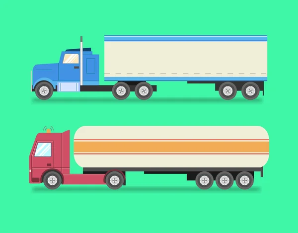 Плоский набор иконок грузовиков. Тяжелые грузовики, бензовоз, логистика, л — стоковый вектор