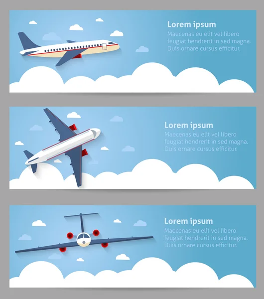 Set of web banners. Flight of the plane in the sky. Passenger pl — Stock Vector