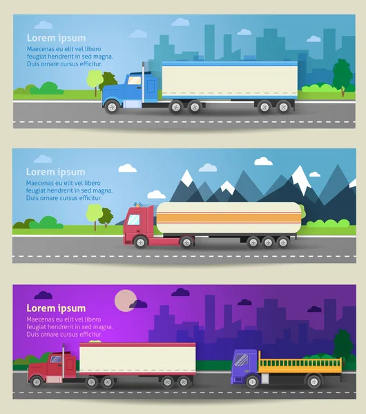 Set of web banners trucks. Color flat icons. — Stock Vector