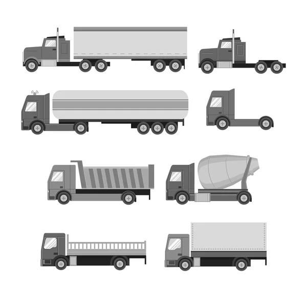 Conjunto vectorial de camiones. Iconos planos grises. Camión volquete, tanque, gasolina — Vector de stock