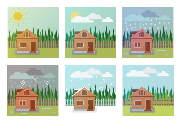 Conjunto de ícones meteorológicos. Ilustração da casa, madeira e tecelagem —  Vetores de Stock
