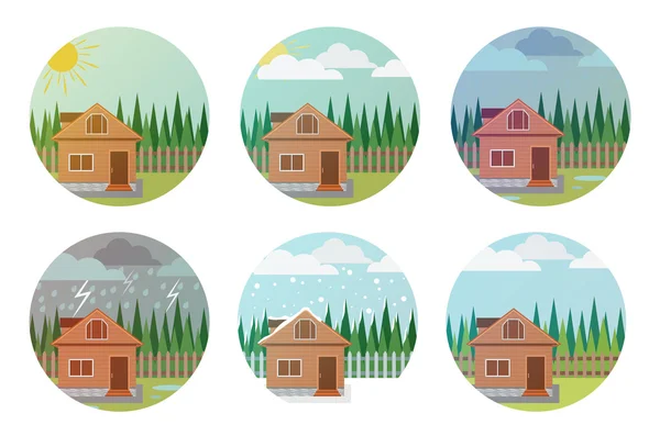 Conjunto de ícones meteorológicos. Ilustração da casa, madeira e tecelagem —  Vetores de Stock