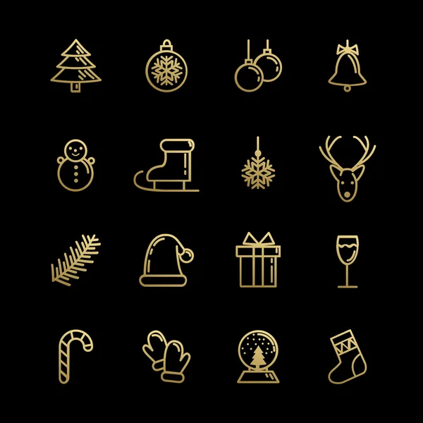 Set of festive gold linear icons. Happy New year and Christmas. — Stock Vector