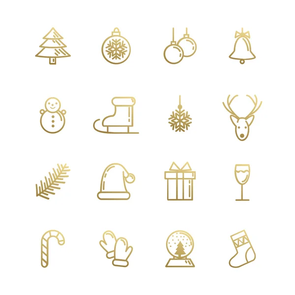 Σύνολο εορταστική χρυσό γραμμική εικονιδίων. Ευτυχισμένο το νέο έτος και τα Χριστούγεννα. — Διανυσματικό Αρχείο