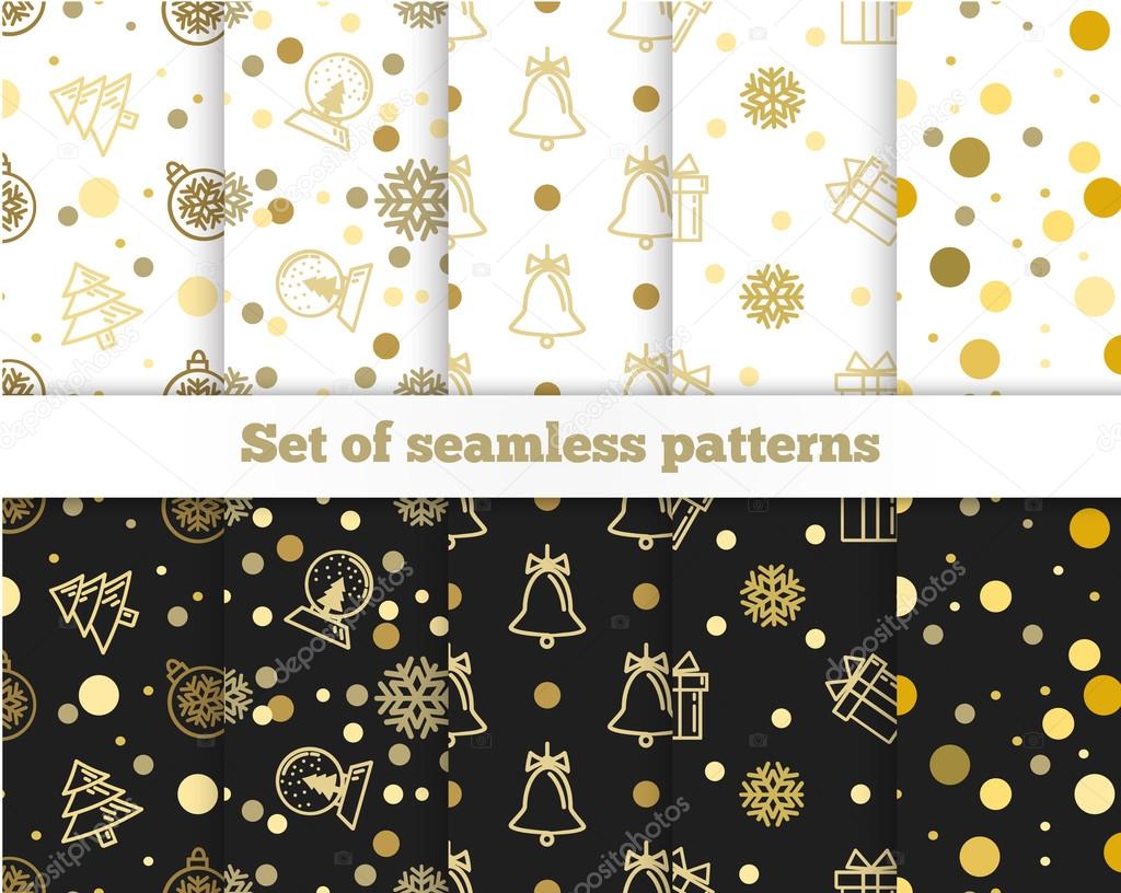Set of seamless festive gold patterns. Happy New Year and Christ