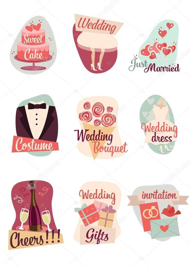 Wedding flat icons vector set: wedding cake, wedding Dress, skirt, suit, bouquet, beads, champagne, glasses, cards,balloons, gifts