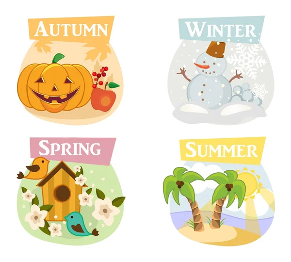 Four seasons flat icons: winter, spring, summer, autumn — Stock Vector